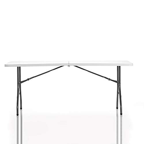 6ft Fold-in-Half Blow Molded Folding Table, Indoor/Outdoor, Comfort Handle, Lightweight Plastic Construction - White