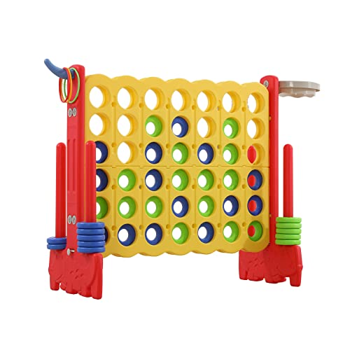 Giant 4-in-a-Row Game with Carry Bag, 3-in-1 Jumbo 4-to-Score Outdoor Yard Game with Basketball Hoop, Ring Toss, Quick-Release Slider, 42 Rings, Family Party Game for Kids & Adults
