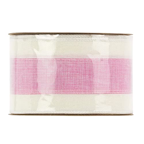 Pink White Stripe Wired Burlap Ribbon with Ivory Stripes Edge (30 Foot)