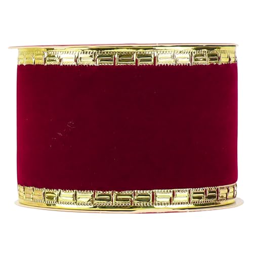 Burgundy Velvet Ribbon 2.5 Inch Dark Red Christmas Ribbon 10 Yards Maroon Velvet Wired Ribbons with Gold Greek Key Edge Burgundy Ribbons for Christmas Tree Decoration (30 Foot)