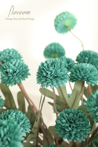 5pcs Teal Green Faux Silk Mums Artificial Flowers (25 Count)