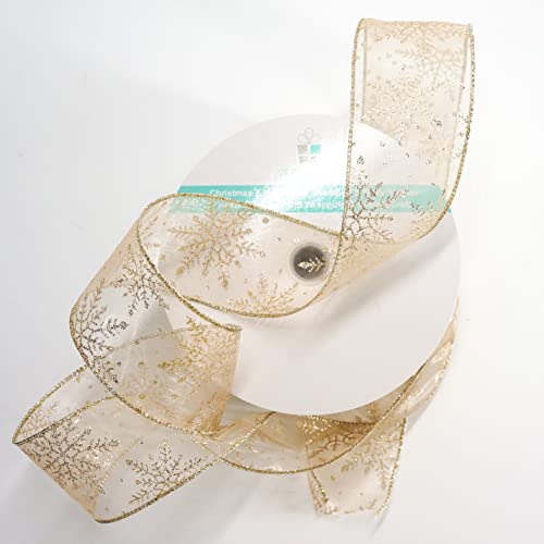 Organza with Champagne Gold Glitter Snowflakes Wired Ribbon 2.5 inch x 50 Yards for Christmas Home Decor Tree Topper Bow Gift Wrapping DIY Crafts Wreath Garland Wedding (150 Foot)