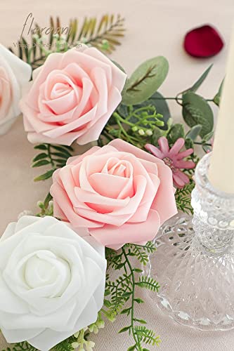 Artificial Flowers 25pcs Real Looking Blush Ombre Colors Foam Fake Roses with Stems for DIY Wedding Bouquets Bridal Shower Pink Centerpieces Floral Arrangements Party Tables Home Decorations (25 Count)
