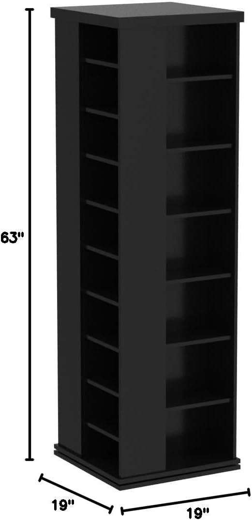 Venture Horizon 4-Sided Revolving Media Tower 1000 - Black: Laminated Wood Composites (MDF), Black-Color, 18.75" L x 18.75" W x 63" H, Home Media Storage