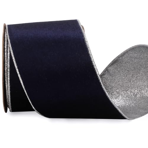 Navy Velvet Wired Ribbon 4 Inch Navy Velvet with Silver Glitter Christmas Ribbon for Christmas Tree Decoration Big Bow Gift Wrapping Crafts Wreaths Supplies