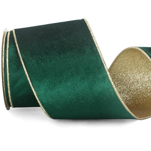 Forest Green Velvet Wired Ribbon 4 Inch Green Velvet with Gold Glitter Christmas Ribbon for Christmas Tree Decoration Big Bow Gift Wrapping Crafts Wreaths Supplies (30 Foot)