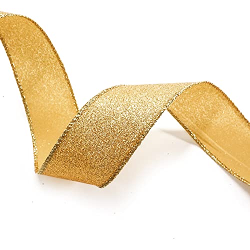 Glitter Wired Ribbon 1.5" x 10 Yards Yellow Gold for Christmas Home Decor Bow Gift Wrapping DIY Crafts Wreath (30 Foot)