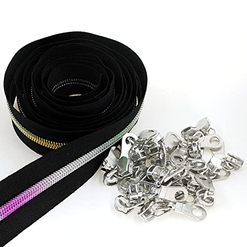 5 Metallic Nylon Coil Zippers by The Yard Rainbow Teeth Zipper Bulk 10 Yards Black Tape with 25pcs Silver Sliders for DIY Sewing Tailor Craft Bag