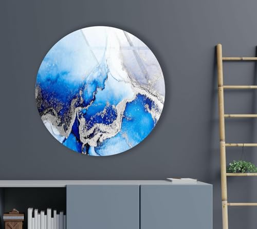 31.5''(80cm) Diameter Blue Marble Round with Silver Details Glass Wall Art Tempered Glass Printing Wall Decor Large Wall Art Wall Hangings