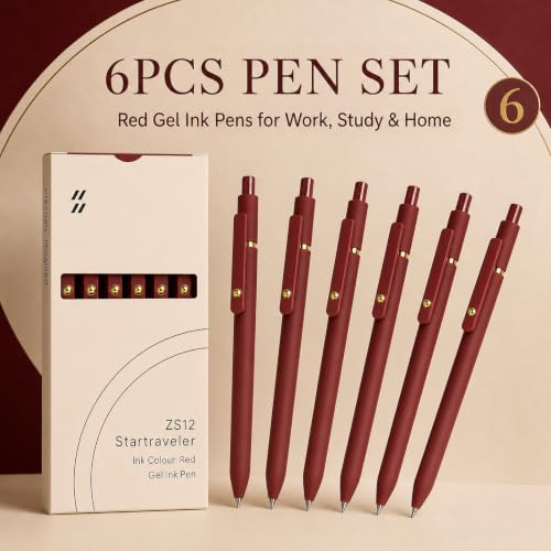 Red Gel Pens 6 Pack 0.7mm Red Colored Pens for Journaling and Notes (6 Count)