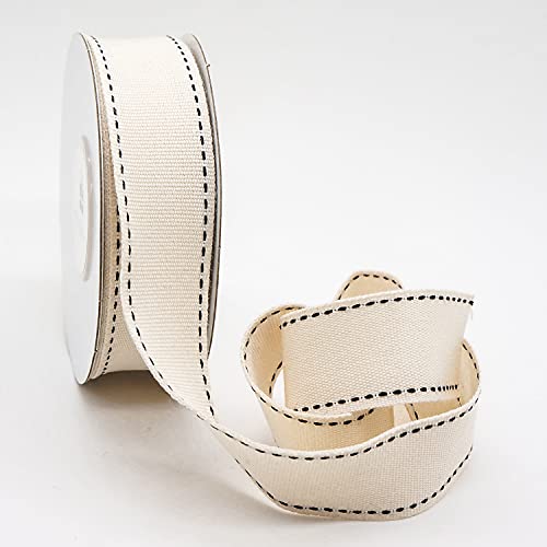 Ivory Cotton Black Stitched Ribbon 7 (30 Foot)