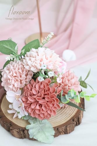 Artificial Dahlia Flowers 25pcs Real Looking Dusty Rose Shades Foam Fake Roses with Stems for DIY Wedding Bouquets Bridal Shower Centerpieces Floral Arrangements Party Tables Home Decoration (25 Count)