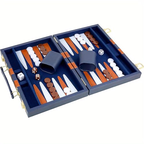 15 Inch Portable Backgammon Set with Faux Leather Folding Board