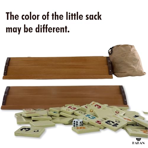 Turkish Okey Game Rummy Cube Game Rummy Cube Set with 4 Straight Wooden Racks Tile Holder and 106 Melamine Tiles Stones in Pouch