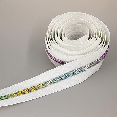 5 Metallic Nylon Coil Zippers by The Yard Colorful Teeth Zipper Bulk 10 Yards White Tape with 25pcs Silver Sliders for DIY Sewing Tailor Craft Bag