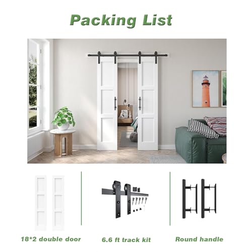 Double 18x84 inch White Barn Door with 6.6FT Barn Door Hardware Kit Included