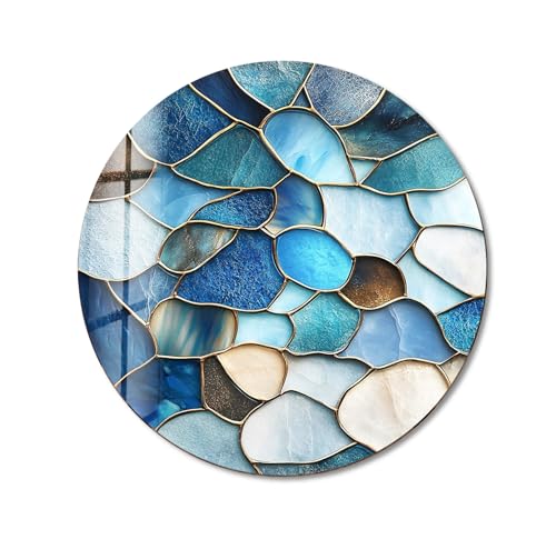 15.8''(40cm) Diameter Coastal Blue Stone Mosaic Round Glass Wall Art Tempered Glass Printing Wall Decor Large Wall Art Wall Hangings