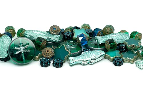 2.1oz (60g) of Glass Focal Bead Mix with Flowers, Table-Cut and fire Polish Czech Beads, PG Green (2.1164 Ounce)