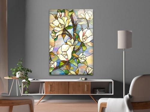 10Wx12H'' Stained Magnolia Glass Wall Art Tempered Glass Printing Wall Decor Large Wall Art Wall Hangings