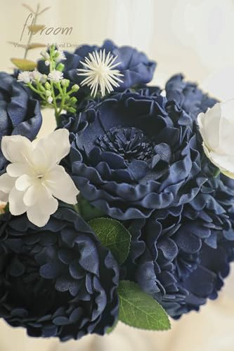 Artificial Flowers 16pcs 4" Navy Blue Blooming Peonies Real Looking Foam Fake Peony with Stems for DIY Wedding Bouquets Bridal Shower Centerpieces Floral Arrangements Party Tables Decorations (16 Count)