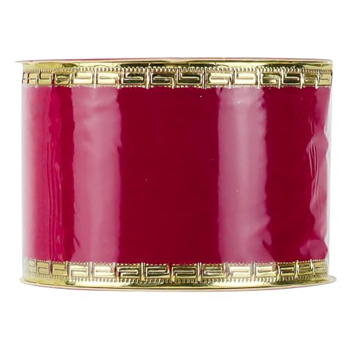 2.5 Inch Red Velvet Christmas Ribbon 10 Yards Velvet Wired Ribbons with Gold Greek Key Edge Ribbons Red Ribbon for Christmas Tree Decoration (30 Foot)