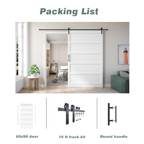 60x96 Inch White Sliding Barn Door Slab with 10ft Hardware Kit Included