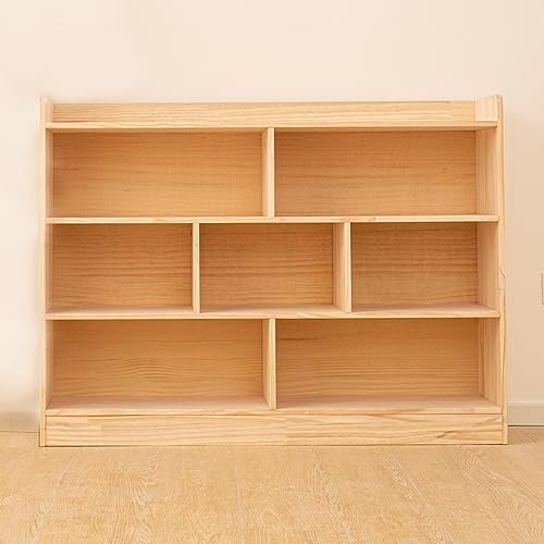 Wooden 7 Compartment Storage Cabinet Organizer Kids 3 Tier Wood Bookshelf School Storage Shelf Classroom Furniture for Kids Natural