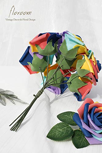 Artificial Flowers 25pcs Real Looking Whimsical Blue Foam Fake Roses with Stems for DIY Wedding Bouquets Baby Shower Centerpieces Floral Arrangements Party Tables Home Decorations (25 Count)