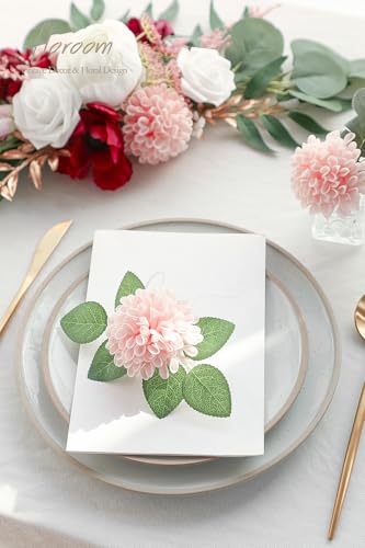 Artificial Dahlia Flowers 25pcs Real Looking Blush Foam Fake Roses with Stems for DIY Wedding Bouquets Pink Bridal Shower Centerpieces Floral Arrangements Party Tables Home Decoration (33 Count)