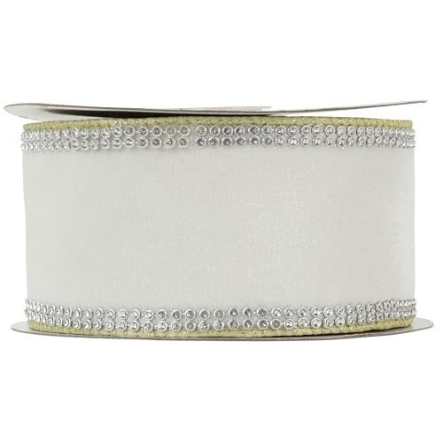 Gold & White Velvet with Rhinstone Edge Wired Ribbon 2.5 Inch Luxury Jeweled Ribbon 5 Yards Sparkling Rhinestone Trim for Christmas Tree (15 Foot)