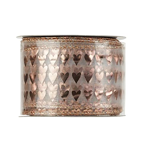 2.5 Inch Rose Gold Heart Wired Ribbon 25 Yards Pink Sheer Ribbons with Hearts Roll Pink Organza Wedding Ribbons Heart Ribbon for Crafts (75 Foot)