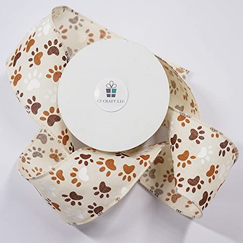 Ivory Canvas Dog Paw Wired Ribbon 2.5 Inch x 10 Yards for Christmas Home Decor Tree Topper Bow Gift Wrapping DIY Crafts Wreath Garland (30 Foot)