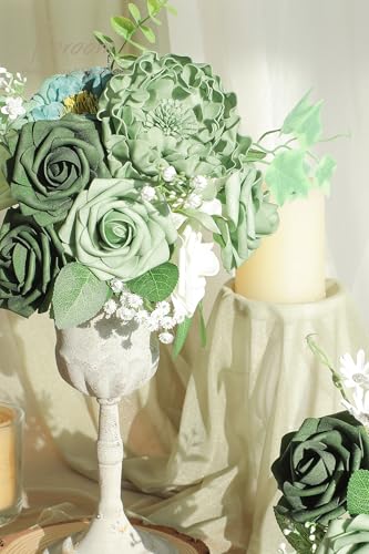 Artificial Flowers 25pcs Real Looking Sage Green & Emerald Green Foam Fake Roses with Stems for DIY Wedding Bouquets Bridal Shower Centerpieces Floral Arrangements Party Tables Decorations (25 Count)