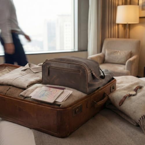 Genuine Leather Toiletry Travel Bag With Waterproof Lining