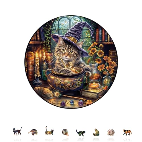 Wooden Puzzles for Adults Magic Feline Cat Jigsaw Puzzle 17.3*17.3in (450 Count)