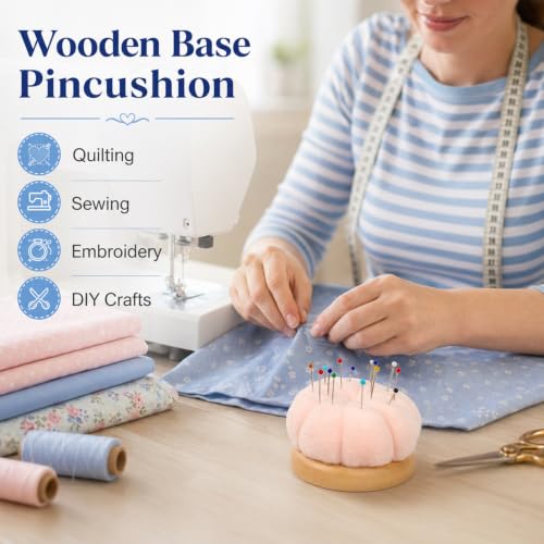 Wooden Base Pin Cushion for Sewing with 100 Plastic Head Pins