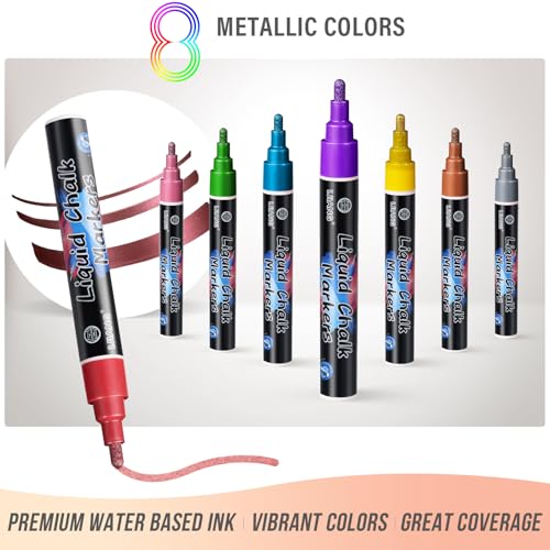 Chalk Markers 8 Metallic Color Set for Blackboard & Glass Surfaces (8 Count)