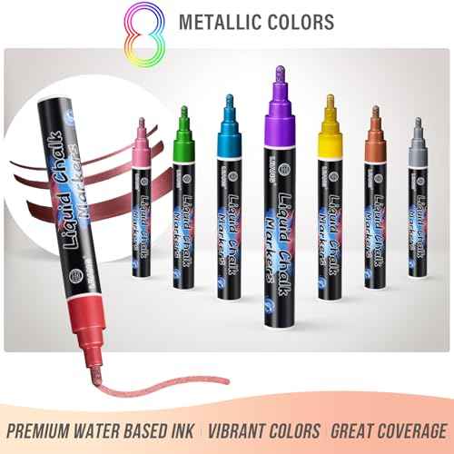 Chalk Markers 8 Metallic Color Set for Blackboard & Glass Surfaces (8 Count)