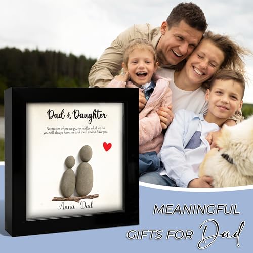 Personalized Dad Pebble Wooden Frame with Ornament Custom Father & Daughter Natural Stone with Meaningful Quote Best Dad Ever Gifts Fathers Day for Father Grandpa Family Keepsake Plaque for Family