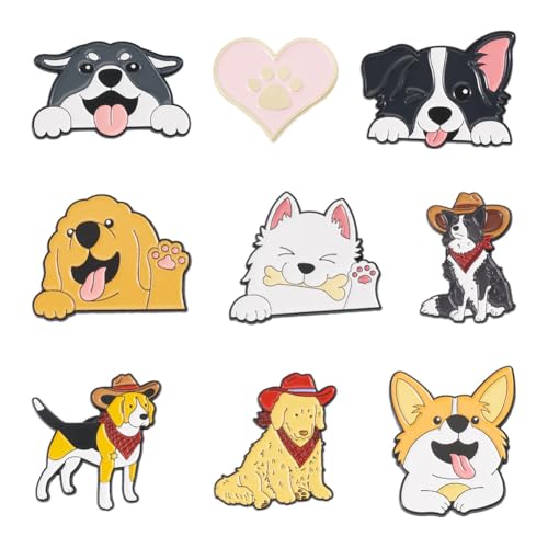 Beadthoven 9Pcs Dog Enamel Pins Cute Pet Puppy Alloy Brooch Pins Novelty Cartoon Animal Lapel Pin Funny Dog &Heart Badge Brooches for Women Men Clothes Hat Backpack Decor (9 Count)