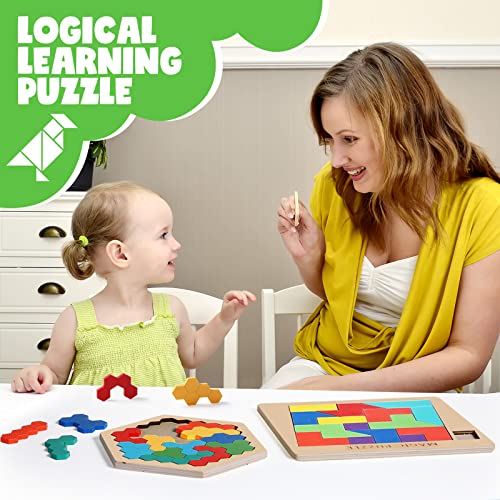 3 Pack Large Wooden Blocks Puzzles Hexagon Tangram Puzzle Wooden Russian Brain Puzzles for Adult Challenge Teasers Geometric Jigsaw Logic Iq STEM Educational Gift Graduation (3 Count)