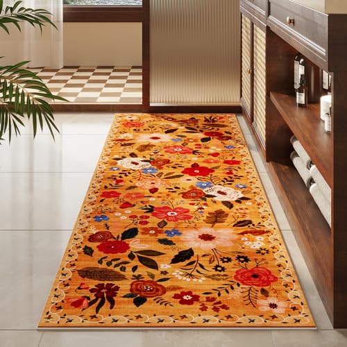 Runner Rug for Kitchen Rug Non Slip 2'x 6' Washable Rugs with Rubber Backing Soft Floral Carpet Runner for Hallways
