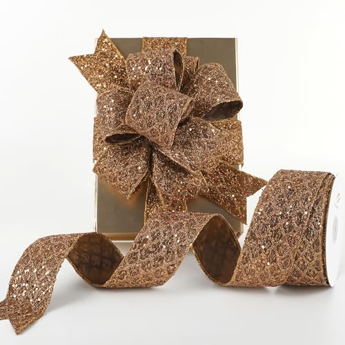 Glitter Copper Diamond Wired Christmas Ribbon 2.5 inch x 10 Yards (30 Foot)