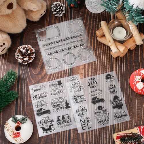 5 Sheet Christmas Clear Stamps Wreath Snowman Gnome Silicone Transparent Stamps Greeting Words Border Stamp Cards for DIY Craft Card Making Scrapbooking Embossing Album Decor (5 Count)