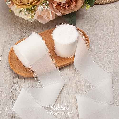 White Chiffon Ribbon 2 Inch x 20 Yard Handmade Fringe Chiffon Silk Ribbon White Ribbon for Gifts Wrapping (60 Foot)