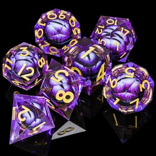 DND Resin Dice Dragon Eye Dice Liquid Core Purple Sharp Edged Dice Set with Gift Box