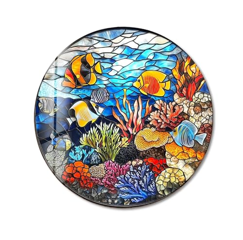 27.5''(70cm) Diameter Coral Reef Mosaic Round Glass Wall Art Tempered Glass Printing Wall Decor Large Wall Art Wall Hangings
