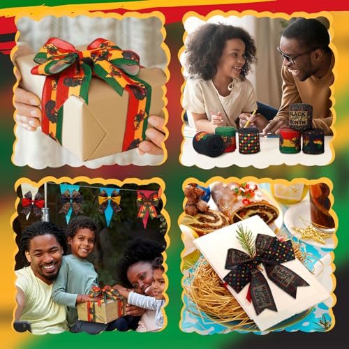 12 Rolls Black History Month Ribbons 2 Inch x 60 Yards Wired Edge Fabric Ribbons Craft Black History Month Themed Pattern Wrapping Crafts for DIY Gift Hair Bows Sewing Wreath 12 Styles (12 Count)