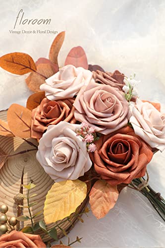 Artificial Flowers 25pcs Real Looking Burnt Orange Ombre Colors Foam Fake Roses with Stems for DIY Wedding Bouquets Bridal Shower Floral Centerpieces Party Tables Home Decorations (25 count)