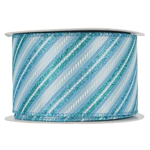 Blue Diagonal Stripe Ribbon 2.5 Inch Blue Satin with Turquoise and Teal Glitter Wired Ribbon for Wreath Bow (30 Foot)